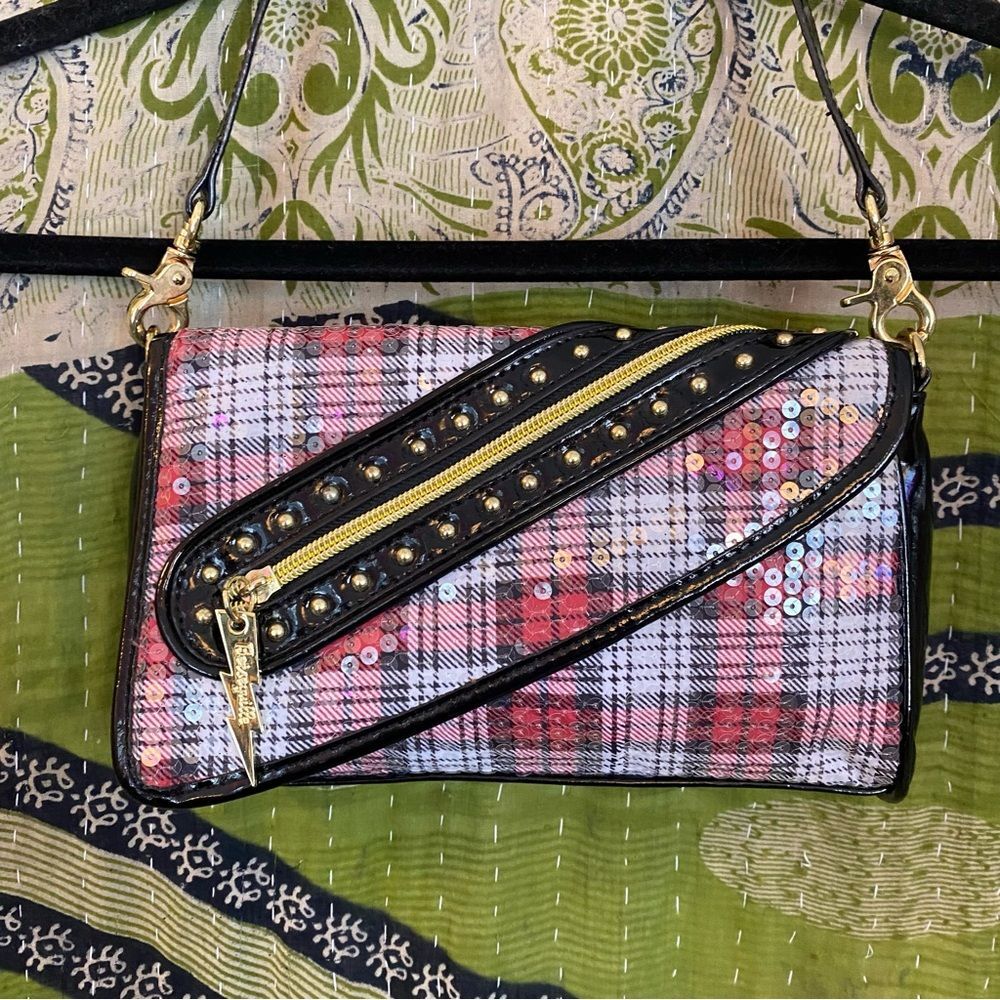 Y2K Betsey Johnson x Betseyville Black/ Red Plaid Tartan Sequined Clutch Purse - Picture 2 of 14